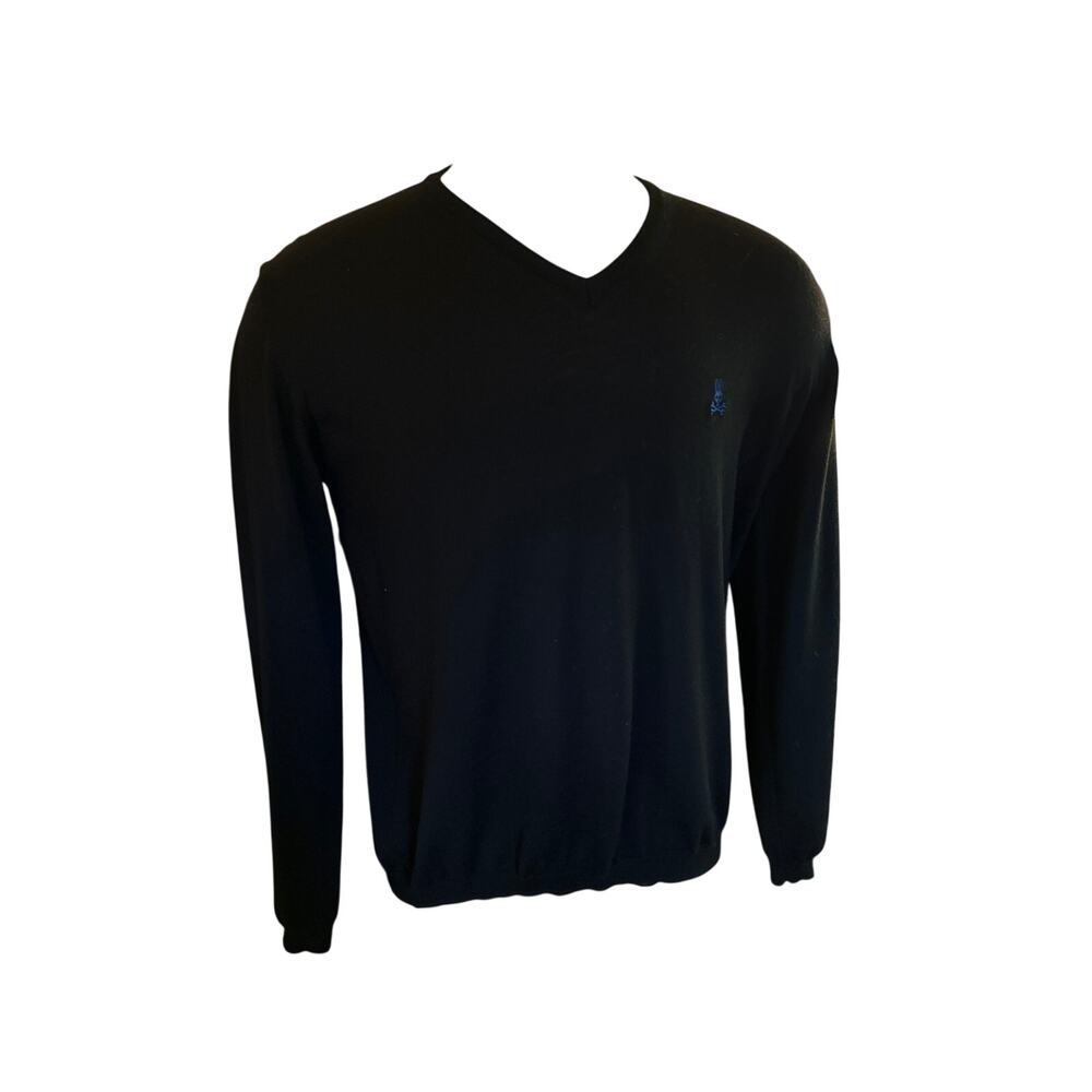 Men XL Psycho Bunny Robert Godley Black V-Neck Sweater Pullover 100% Merino Wool